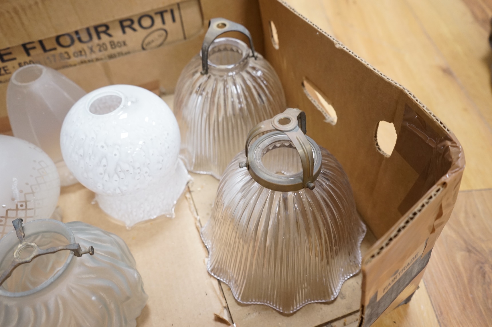 Three pair pairs various glass light shades and four single shades, to include a pair of French Art Deco Brevete S.G.D.G France et aL’Etranger